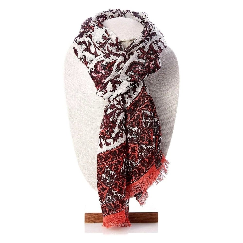 J Jill NEW Long Scarf Red Plum Vine Print 70 x 20 Shawl Contrast Coral Fringe